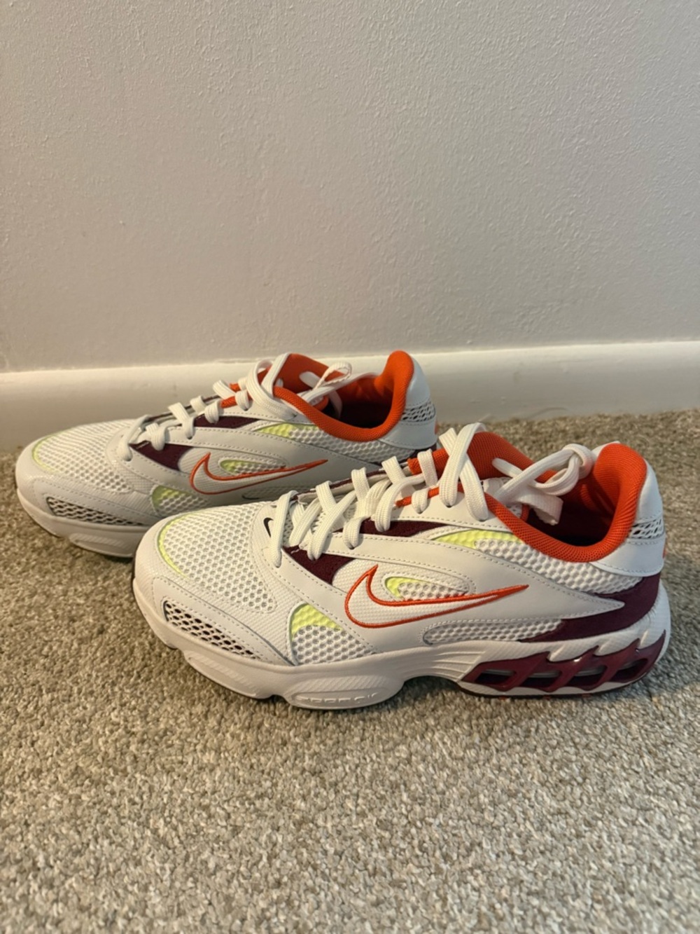 Nike Zoom Air Fire White Sneakers with Orange, Maroon & Neon Yellow Accents